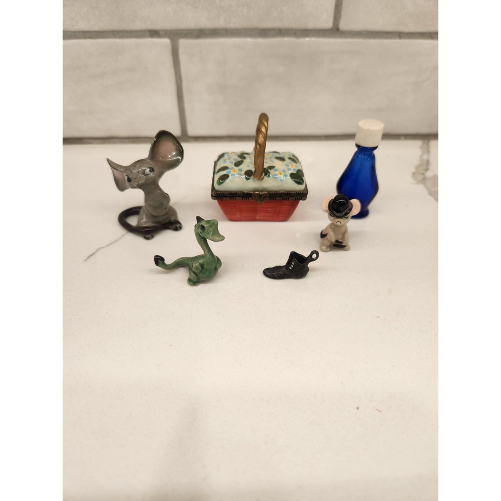 Lot Of 6 Trinket Shelf Decor Items 2- Mice, Dragon, Shoe, Bottle & Hinged Basket